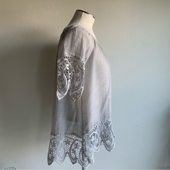 Gray lace off the shoulder top.  Light weight with elastic rounded neckline. S/M - Picture 4 of 8